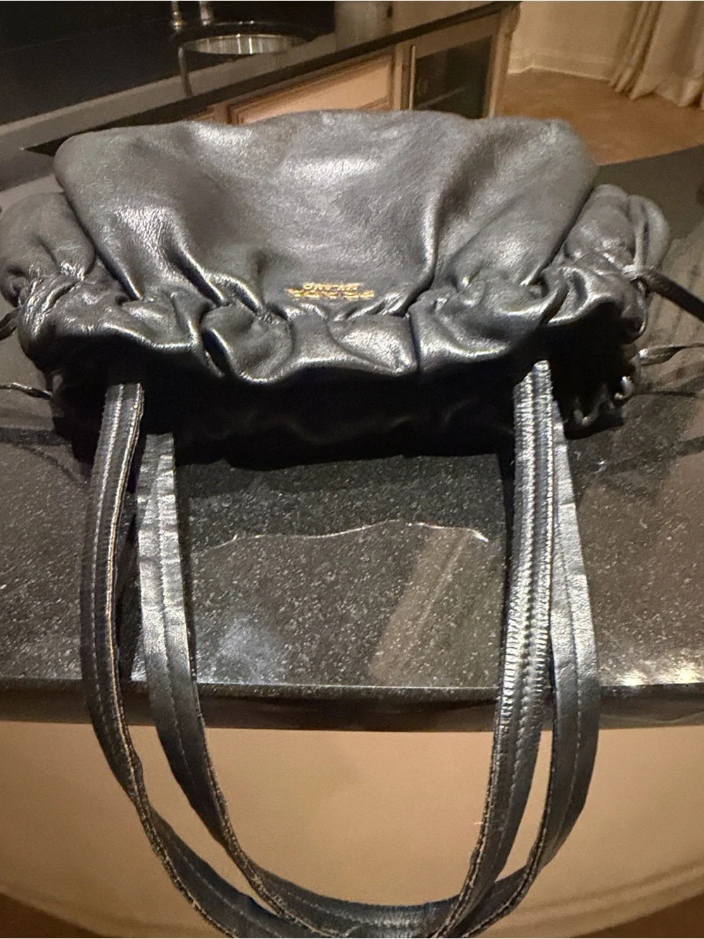 Prada Nero Large Drawstring Leather Tote with Gold Logo